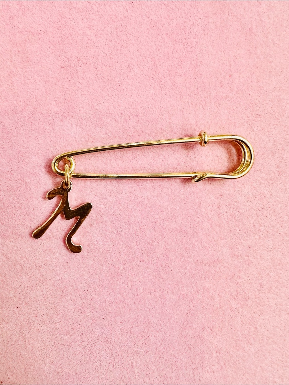 NWOT Gold Tone M Initial Charm Safety Pin Brooch Minimalist